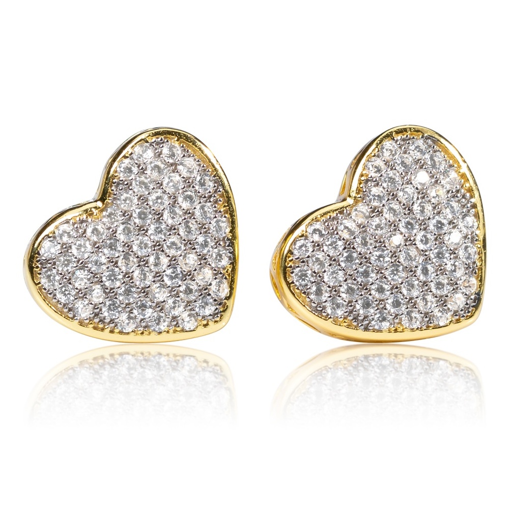Womens Pretty Large Yellow Gold 925 Sterling Silver Best Cz Heart Stud Earrings